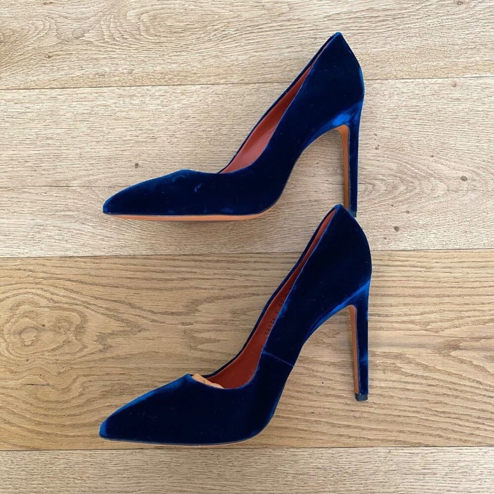Santoni Rose Collection Velvet Stiletto Heel Pumps in Blue - Picture 3 of 9
